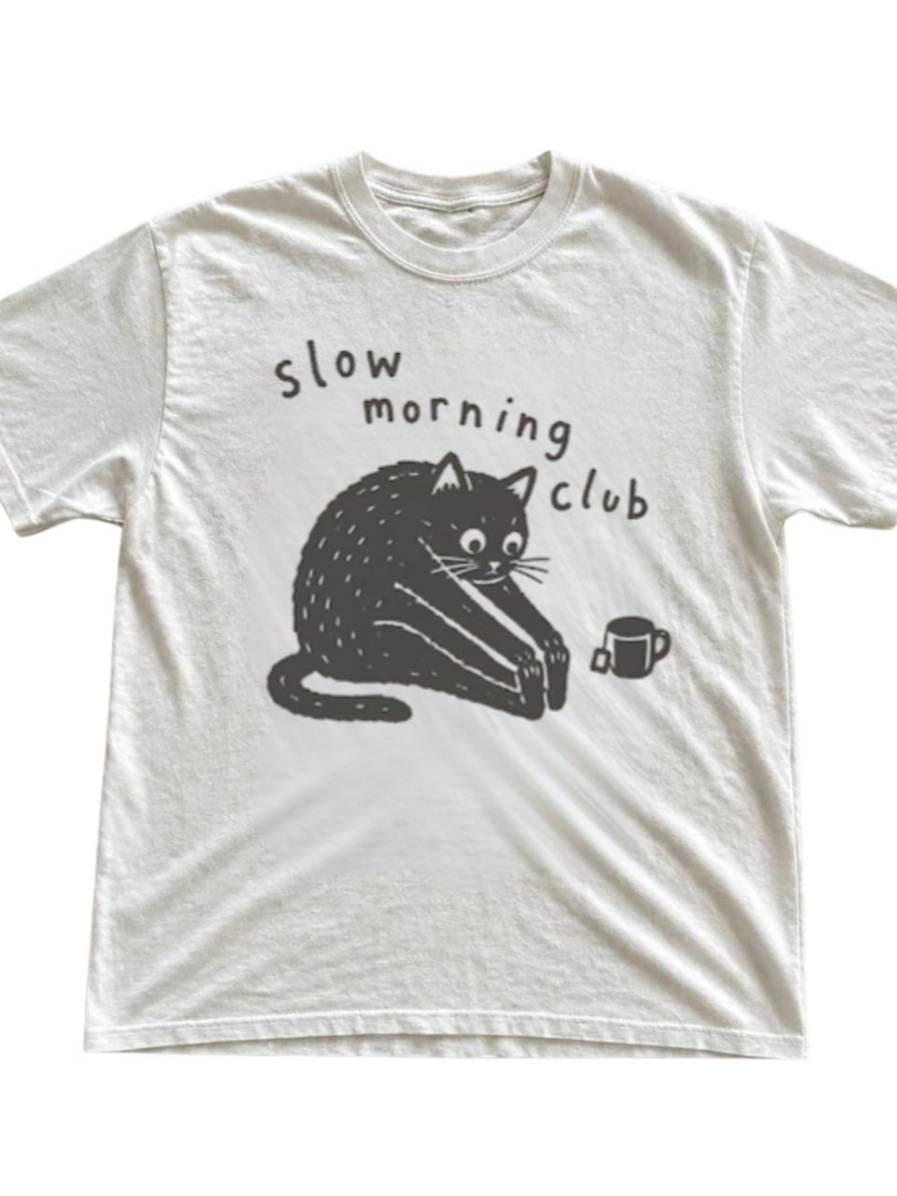 White Tee with Black Slow Morning Club Cat Graphic
